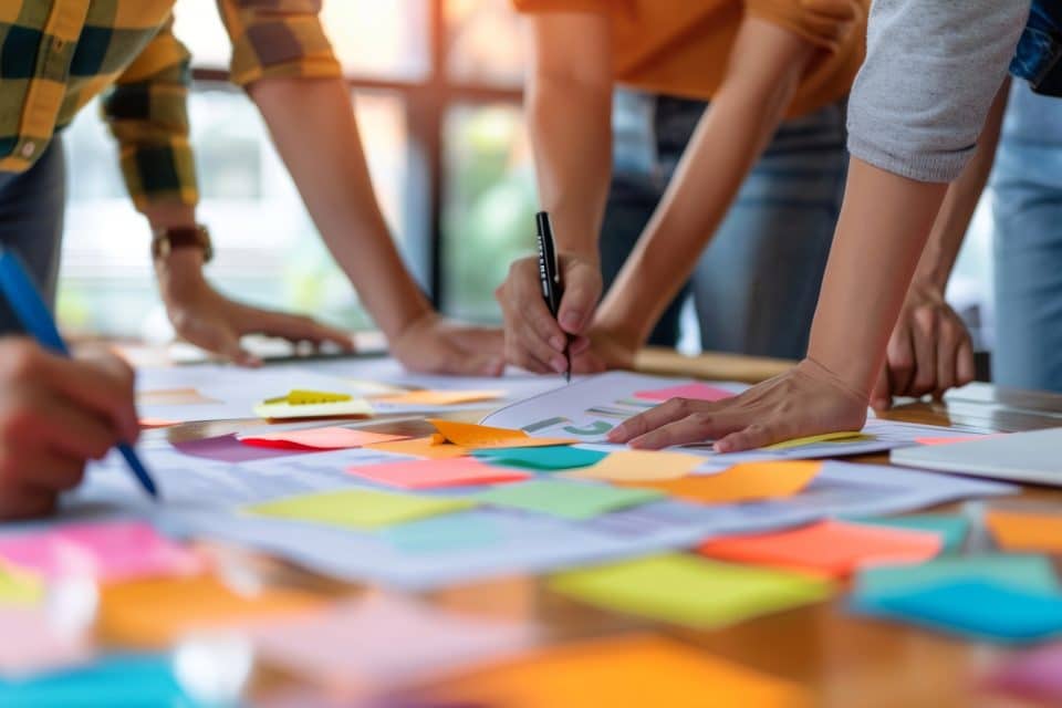 People collaborating at a table with colorful sticky notes and papers.