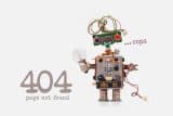 Healthy website robot shows 404 page not found message with wires exposed.