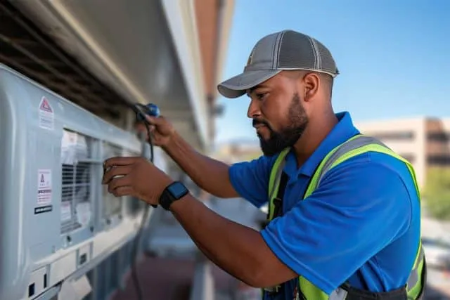 CORE Residential technician servicing outdoor HVAC unit under clear sky.