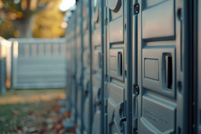 Row of CS Portables lined up outdoors in a park setting.