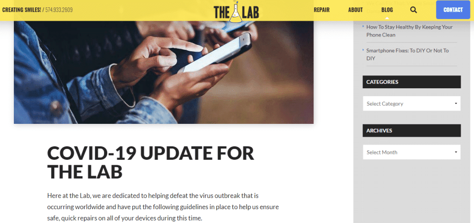 Website featuring The Labs COVID-19 update and SEO insights.