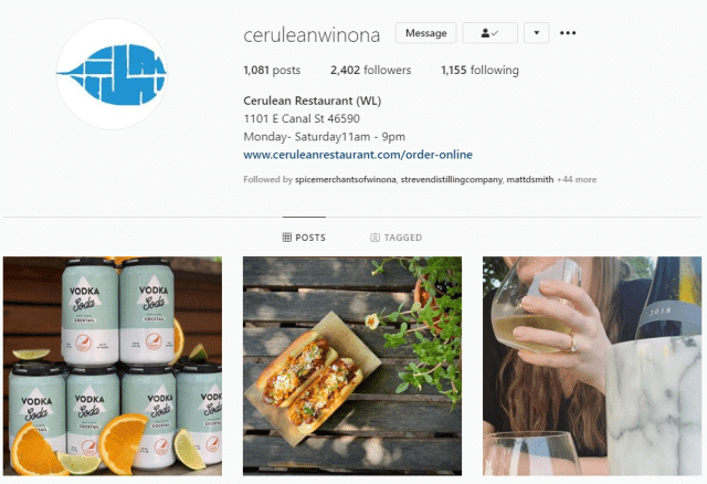 Instagram profile of Cerulean Restaurant, showcasing food and drink for business.