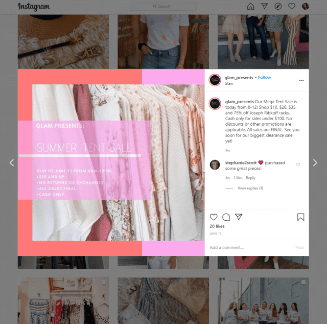 Clothing racks showcased with a pink sale overlay, perfect for Instagram for business.