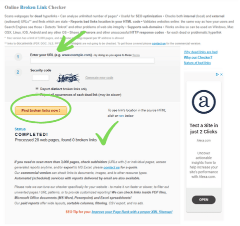 Screenshot of Online Broken Link Checker's results of a healthy website