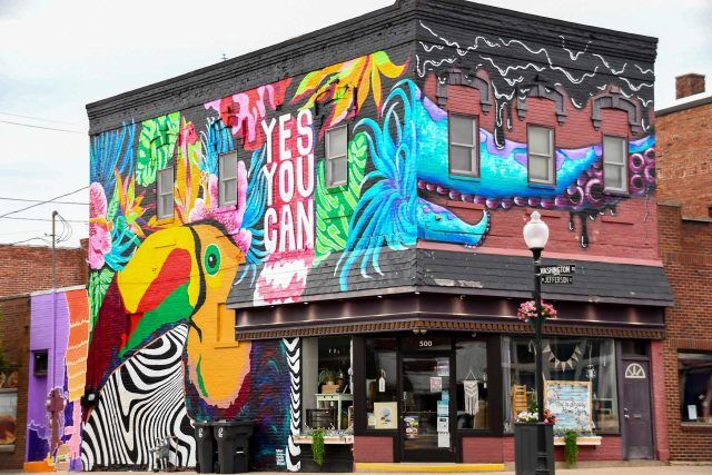 Building with colorful mural from the Community Foundation of Huntington County.