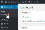 WordPress dashboard displaying updates and navigation menu.