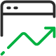 Icon of a web browser with a digital marketing upward-trending line graph.