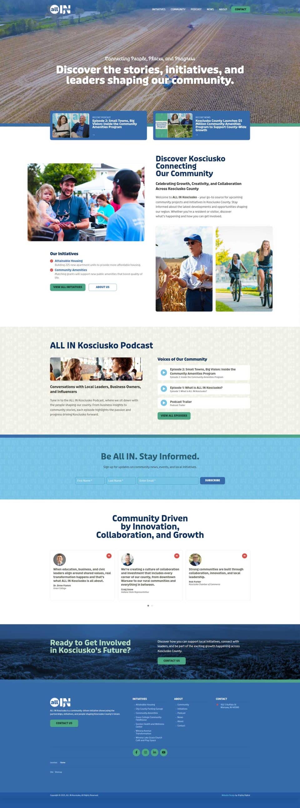 Website homepage showcasing community initiatives, podcast, and collaboration stories.