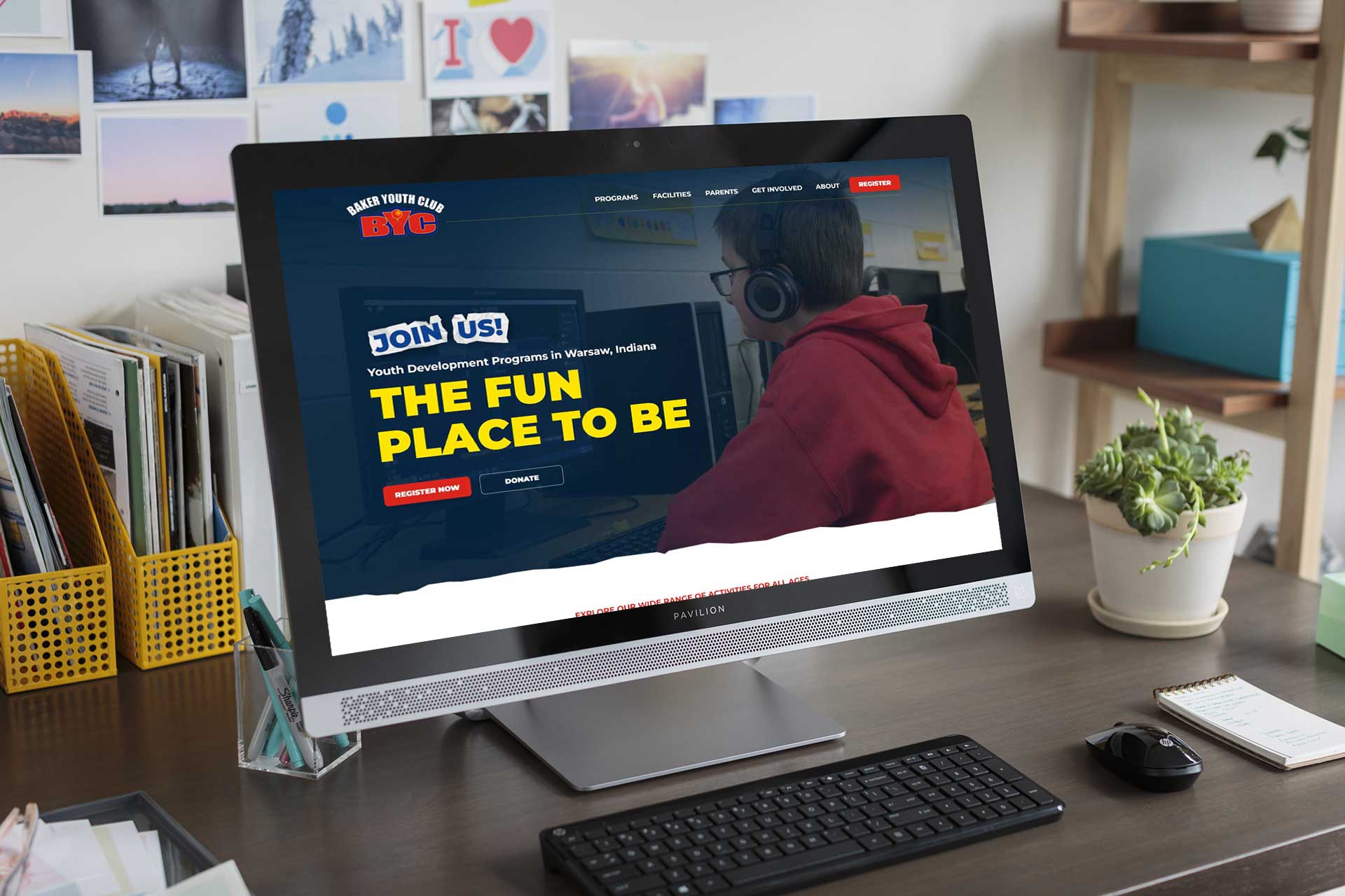 Computer screen showing Baker Youth Clubs site: The Fun Place to Be.