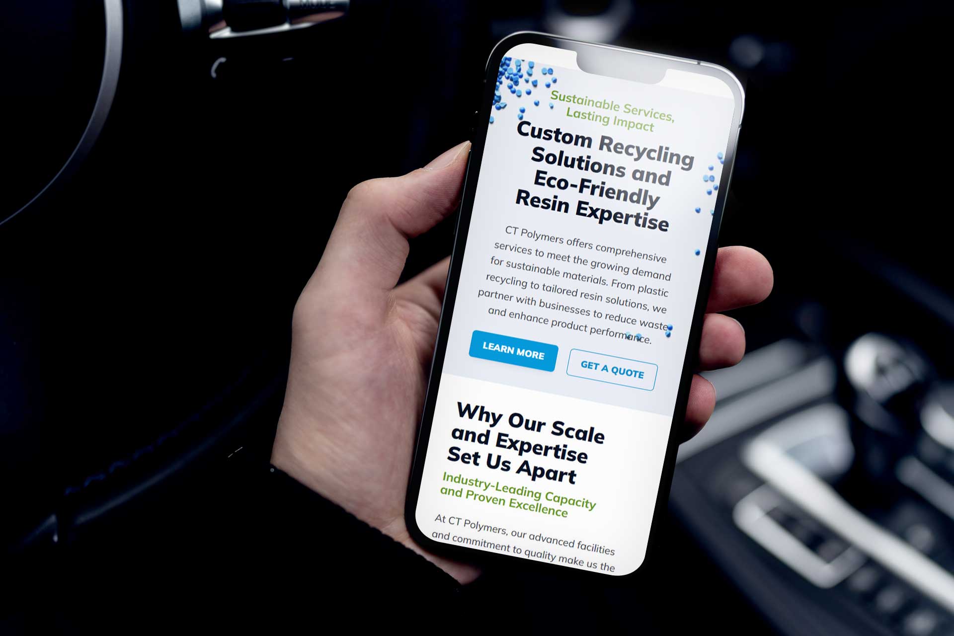 Person holding a smartphone displaying a recycling solutions website.