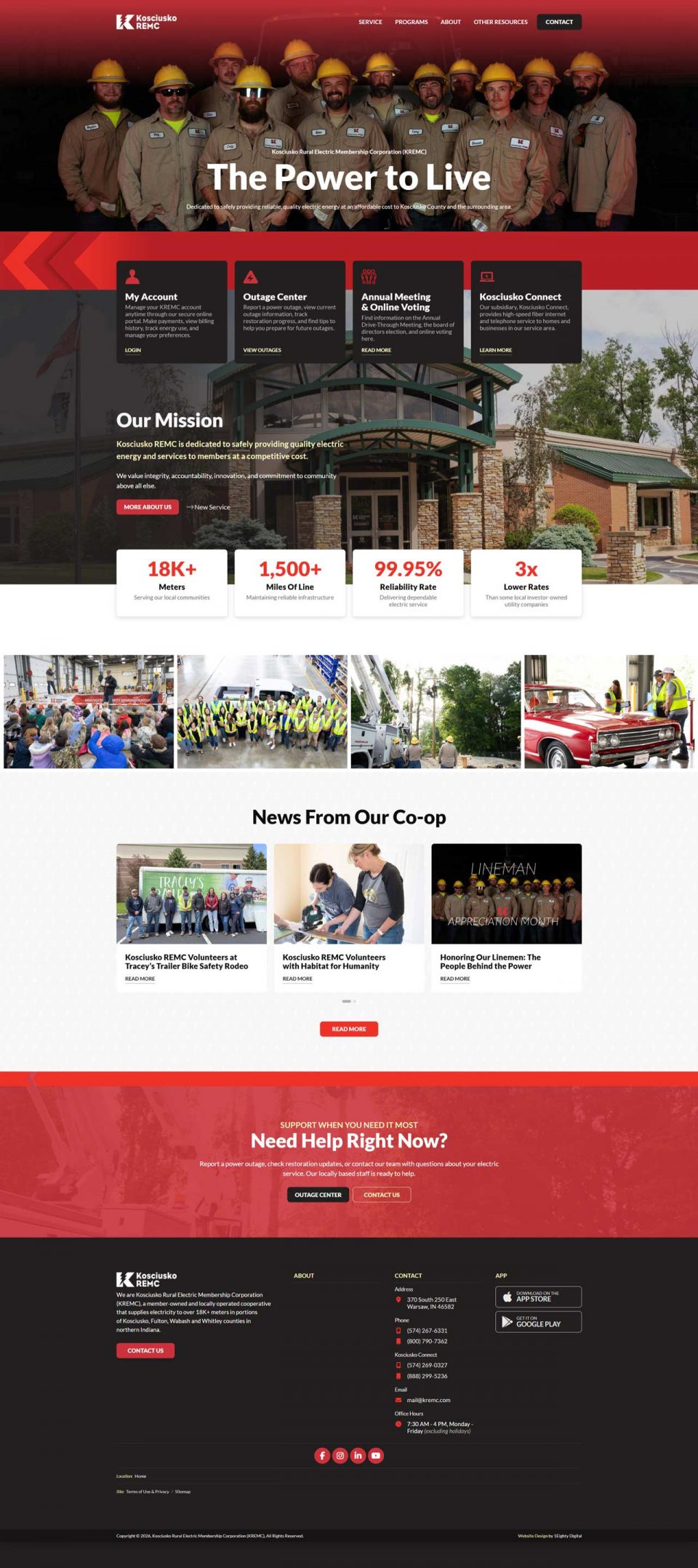 Electric co-op website homepage with workers, mission statement, and service info.