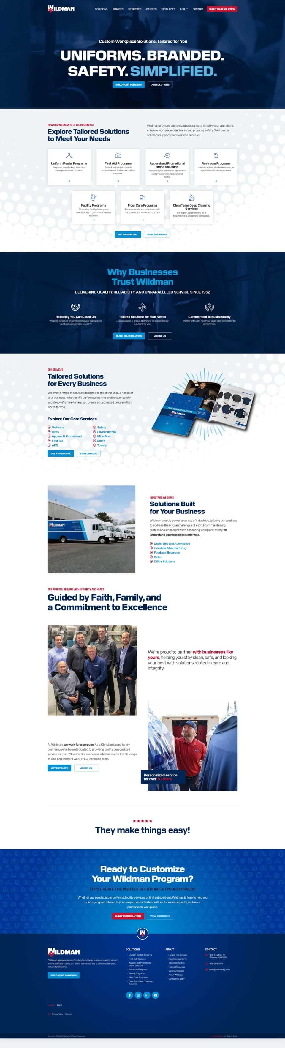 Webpage showing branded uniform and safety solutions, benefits, and customer testimonials.