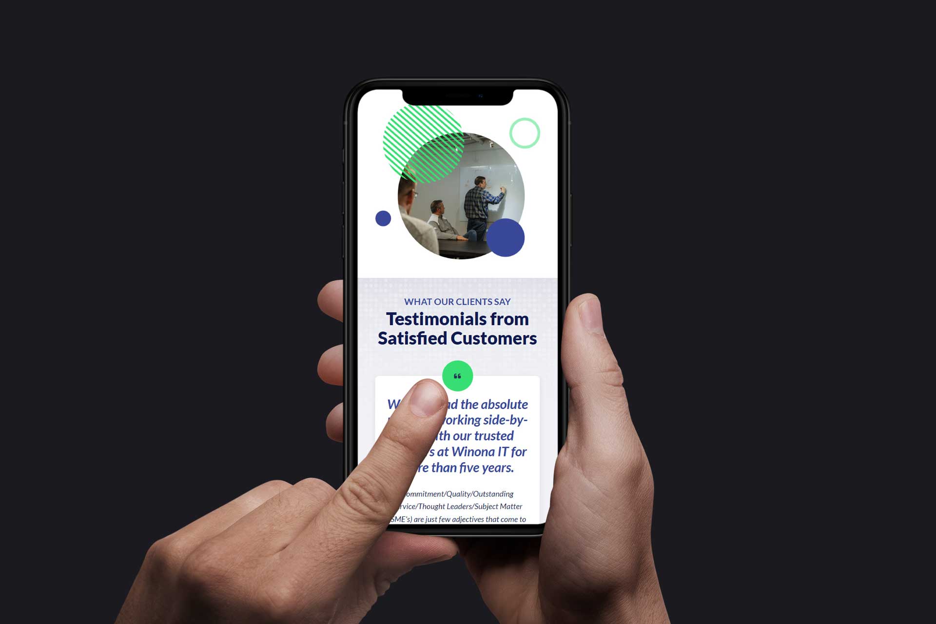 Person holding a phone displaying a customer testimonial webpage on the screen.