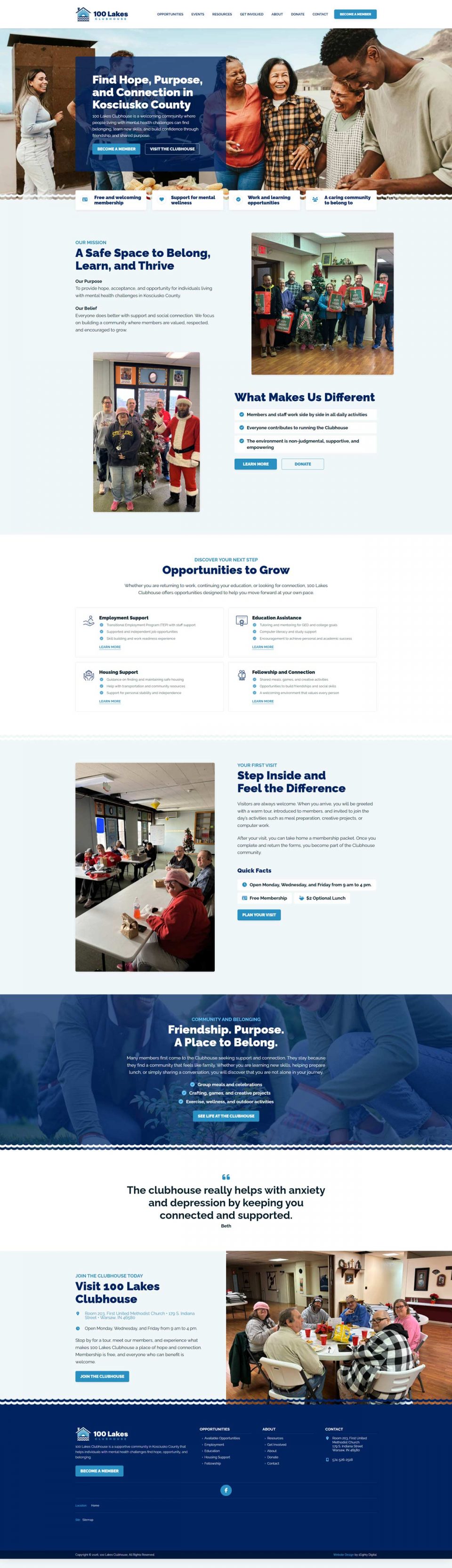 Website homepage for 18th Lakes Clubhouse showing people, activities, and information.