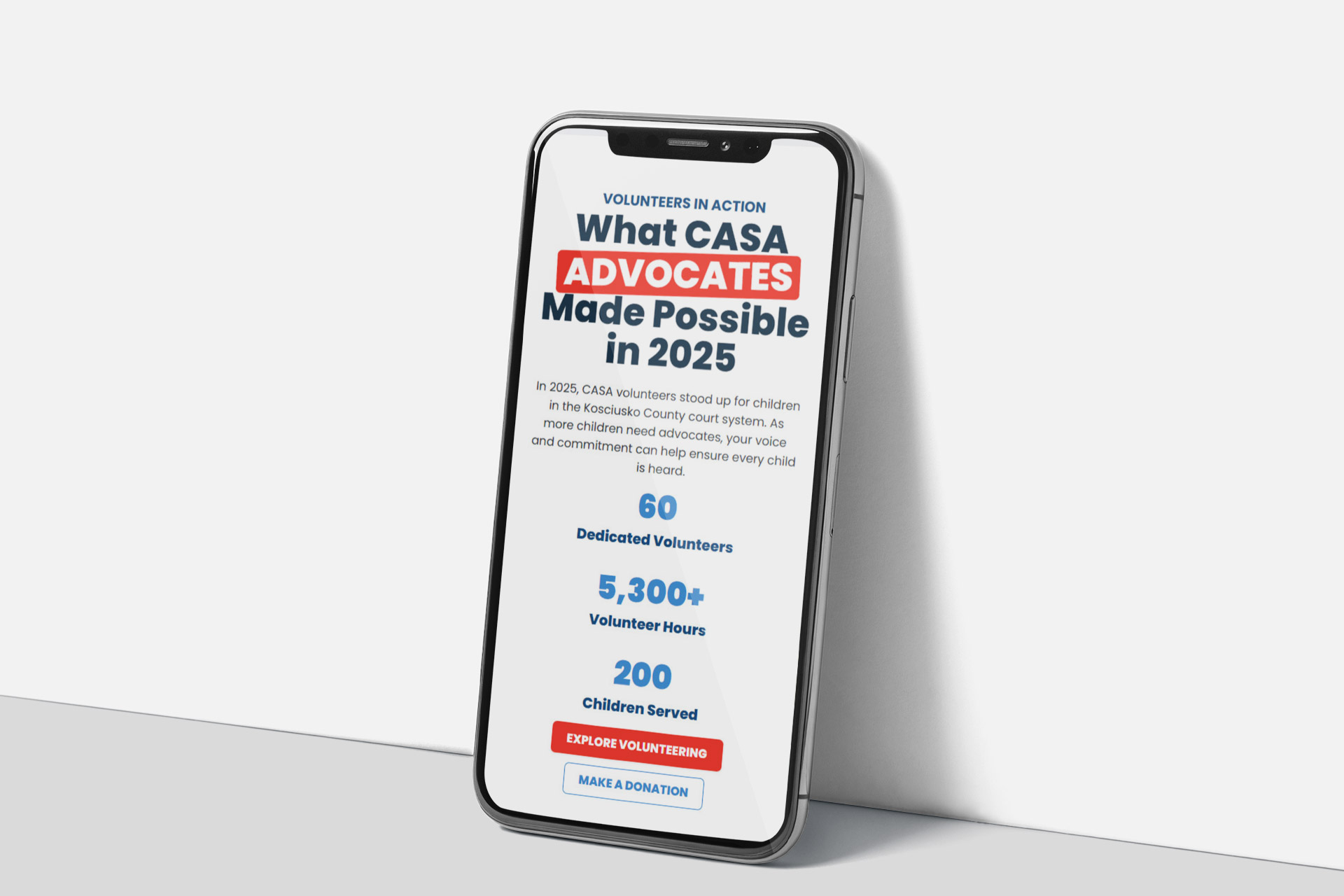 Smartphone displaying CASA advocates 2025 impact stats and volunteer information.