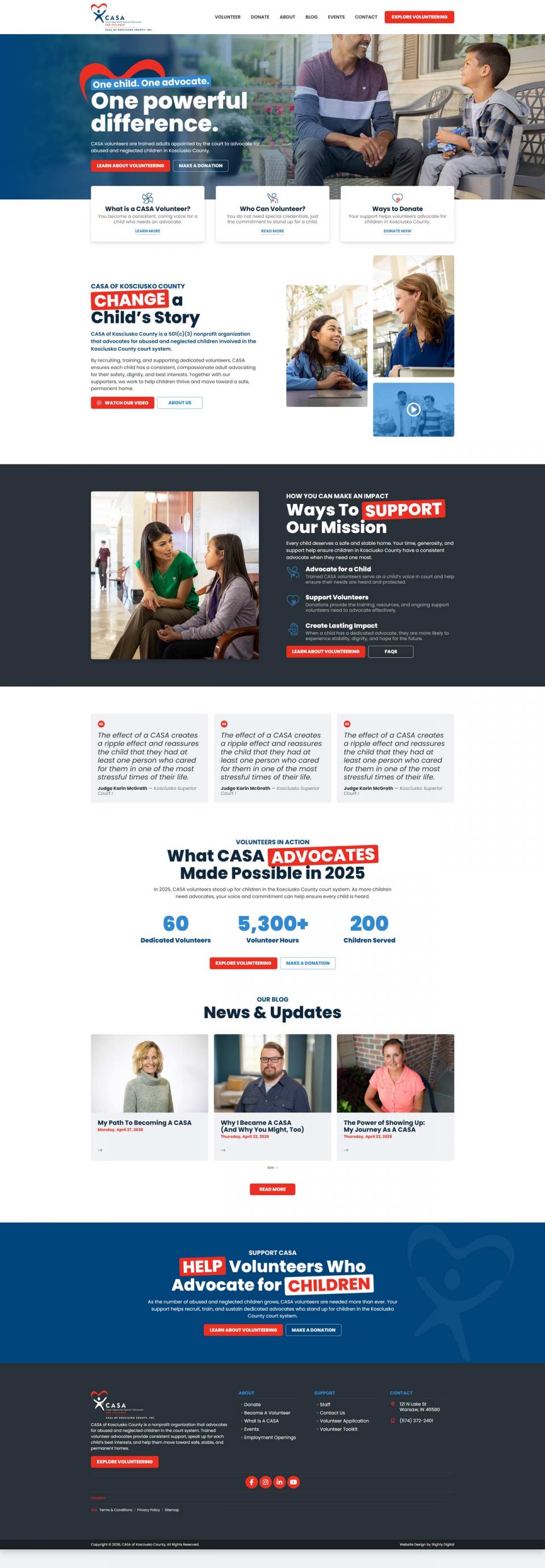 Screenshot of a nonprofit website promoting child advocacy and volunteer support.