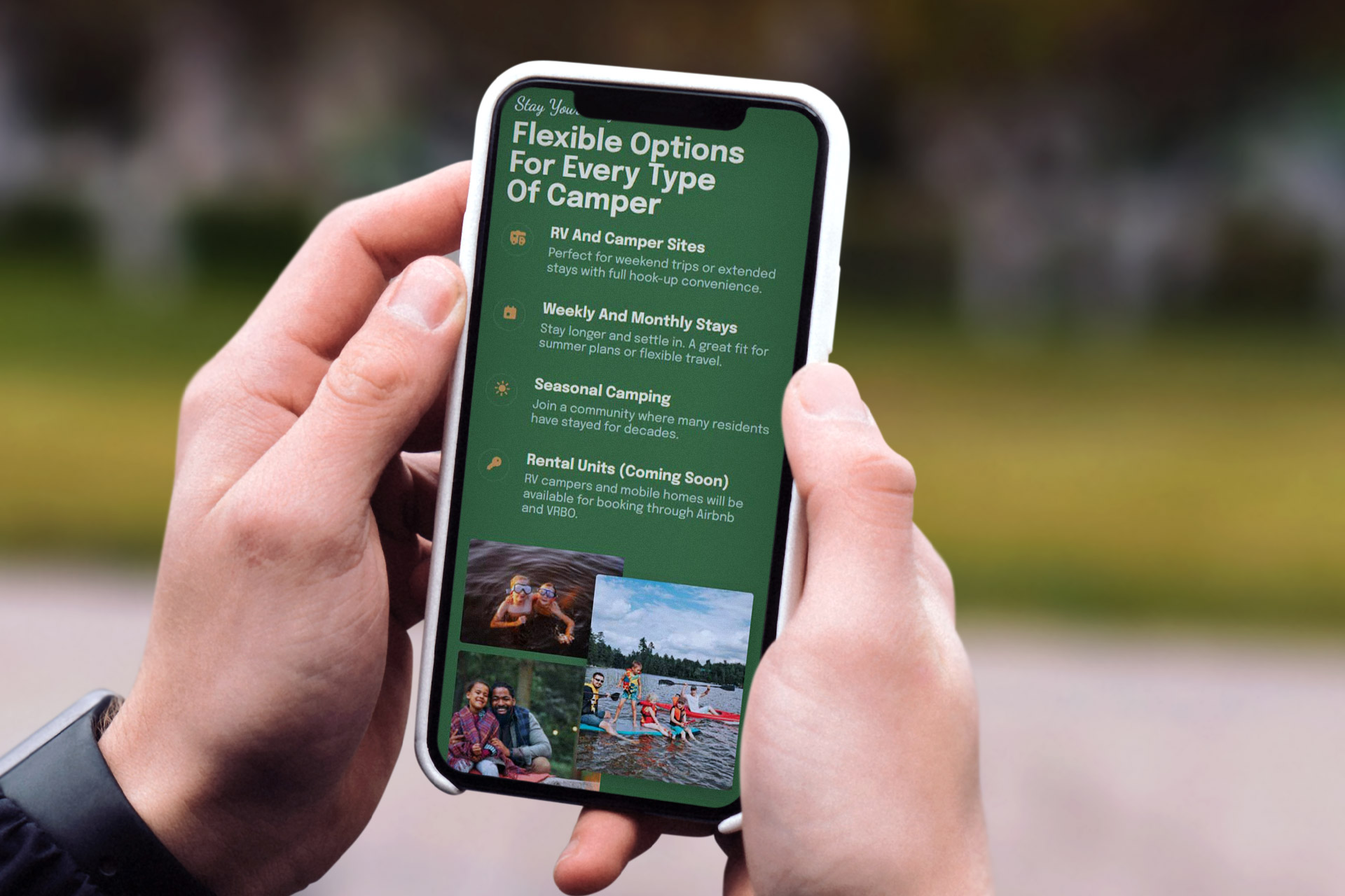 Person holding phone displaying camping options with text and small photos.