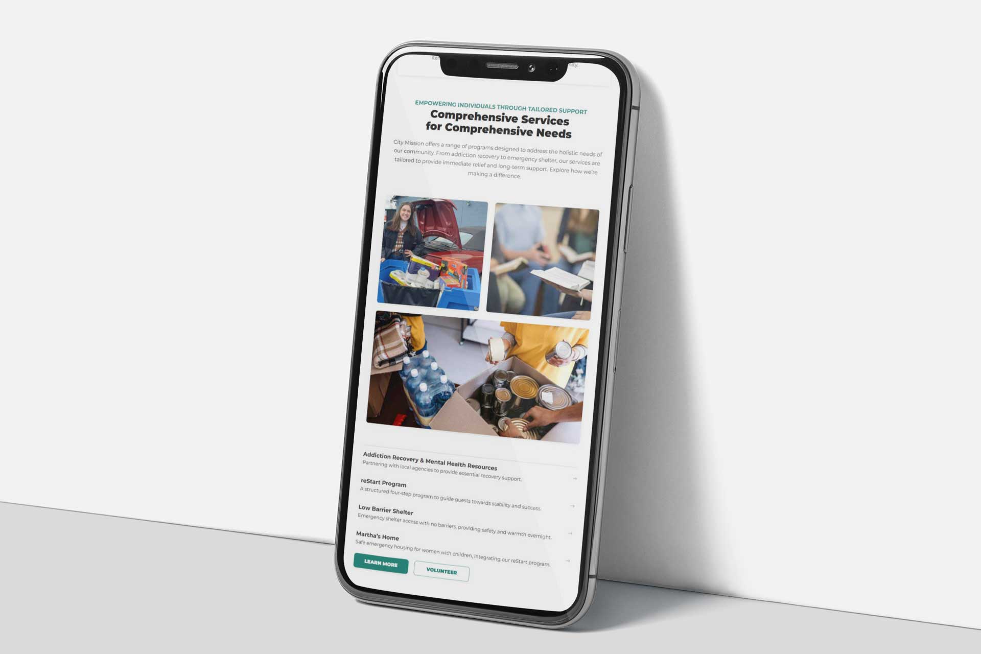Smartphone showing City Mission of Findlay site with community services info.
