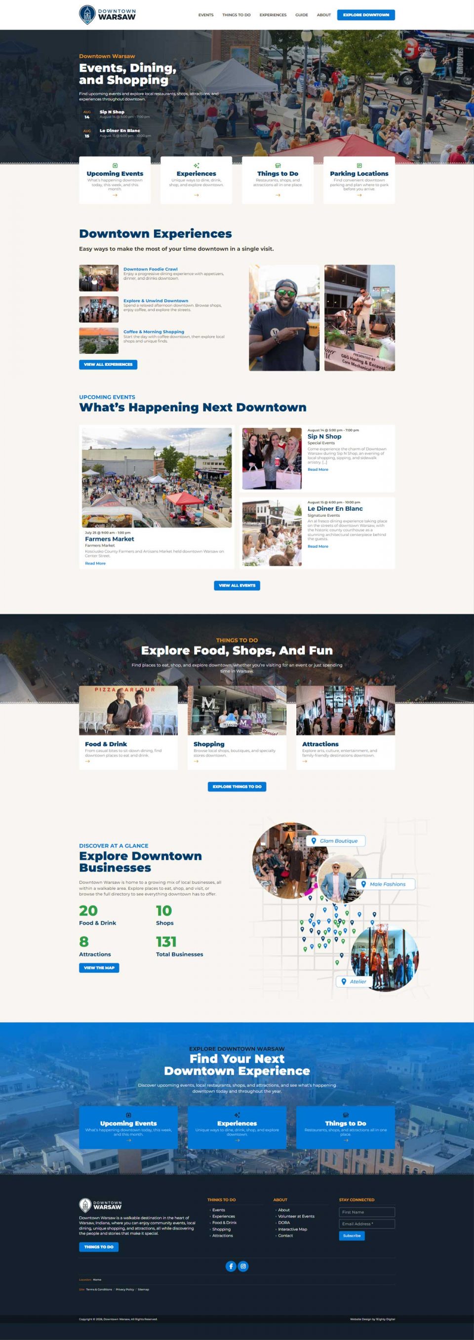 Website homepage for downtown events, dining, shopping, and visitor information.