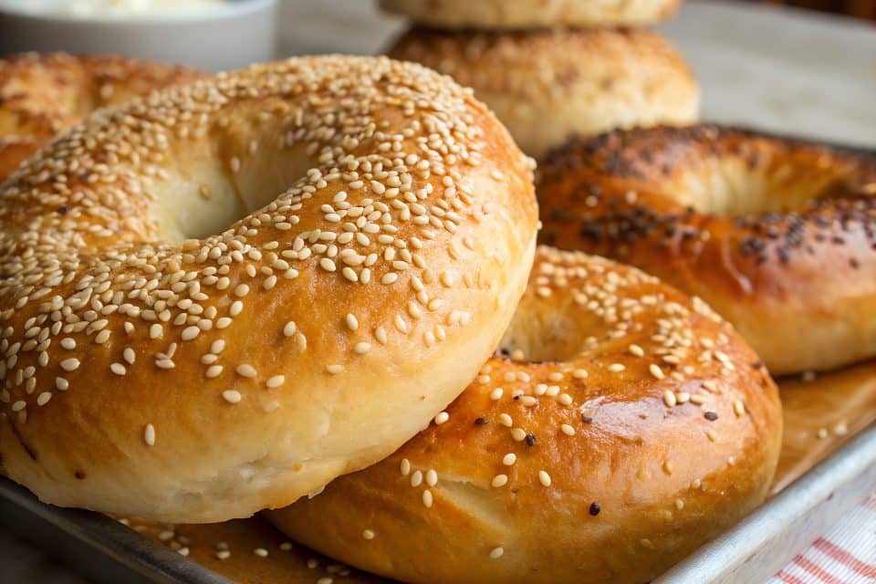 Tray of freshly baked sesame and everything bagels on a wooden cutting board.
