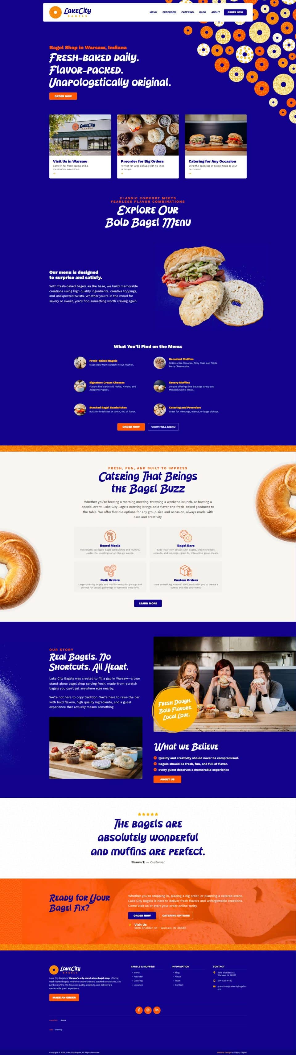 Bagel restaurant website with menu details, promotional text, and images of bagels.