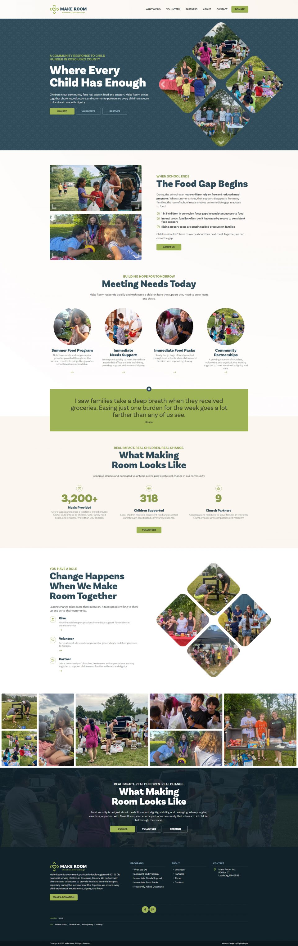 Nonprofit website features children, volunteers, and community food program information.