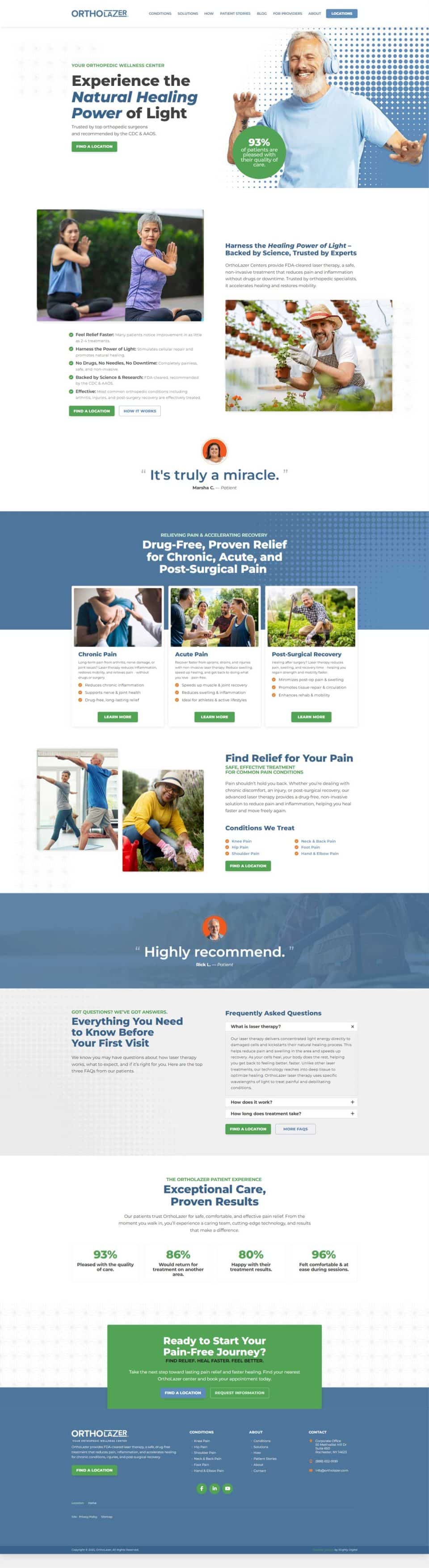 Webpage promoting light therapy for pain relief with testimonials and images.