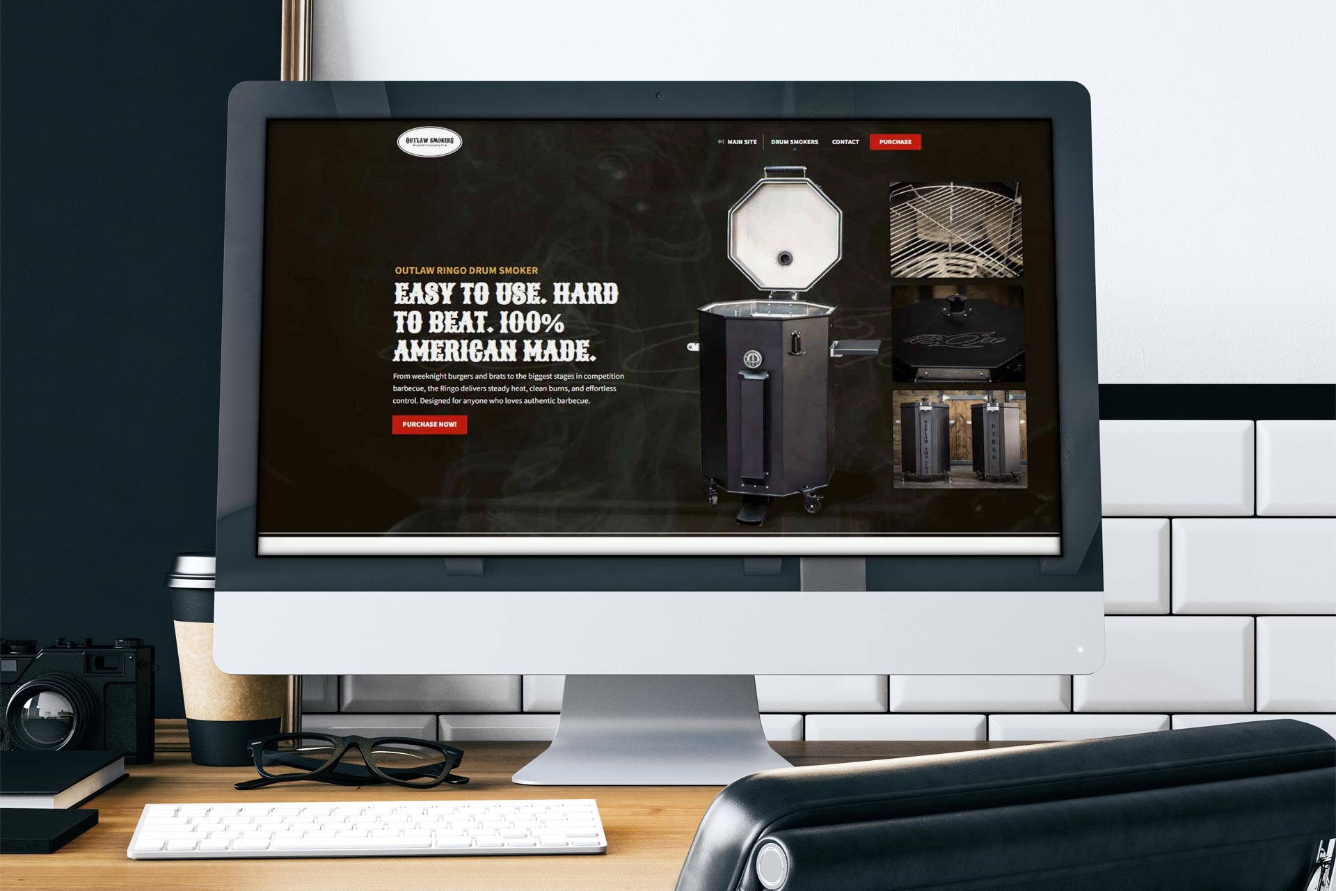 Computer screen displays a website for American-made backyard drum smokers.