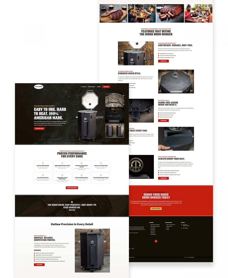 Website pages showcasing a drum smoker product, features, and customer testimonials.