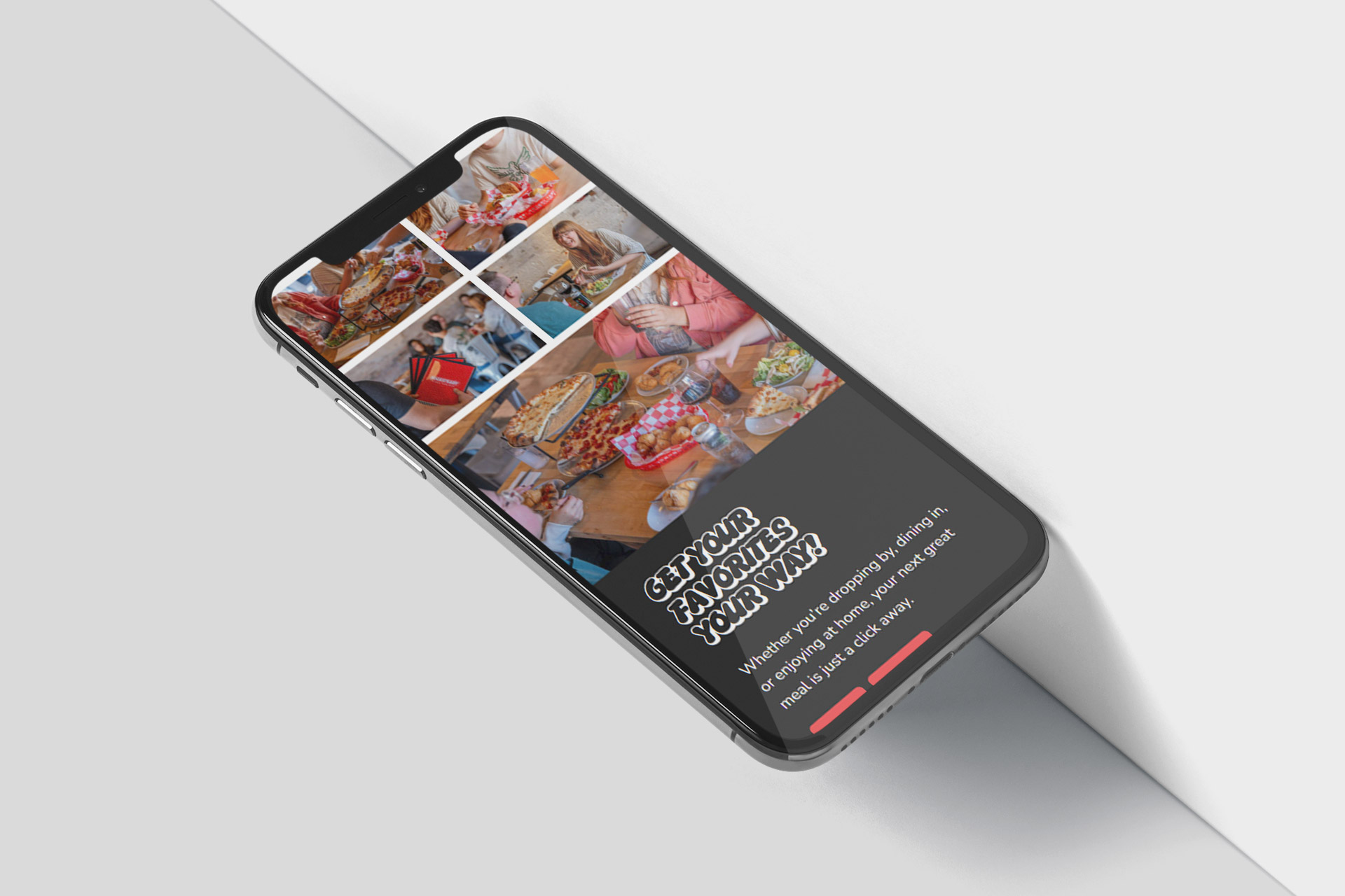 Smartphone displaying a food delivery app with photos of various meals and people.