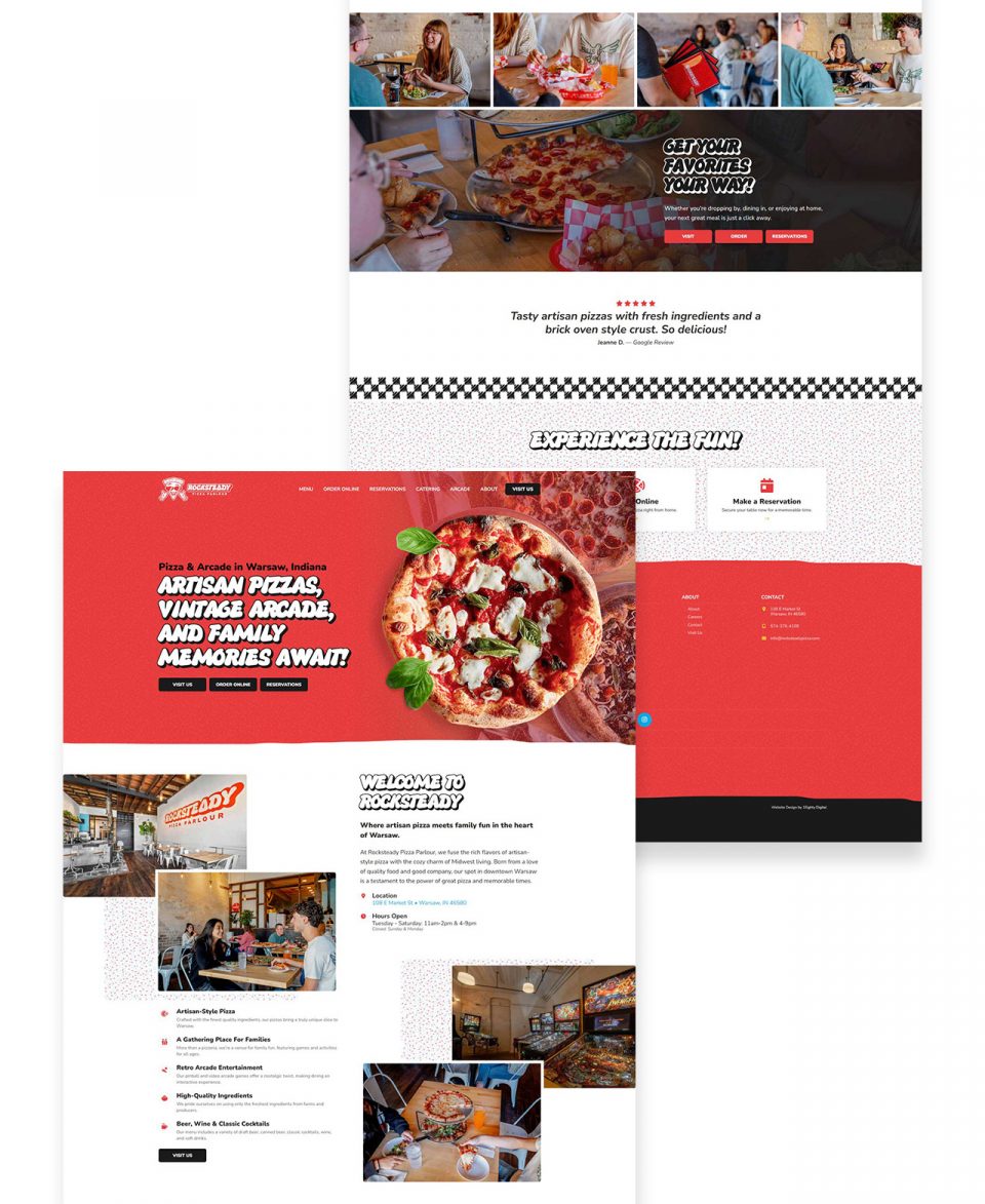Three web pages display pizza restaurant menus, photos, and dining information.