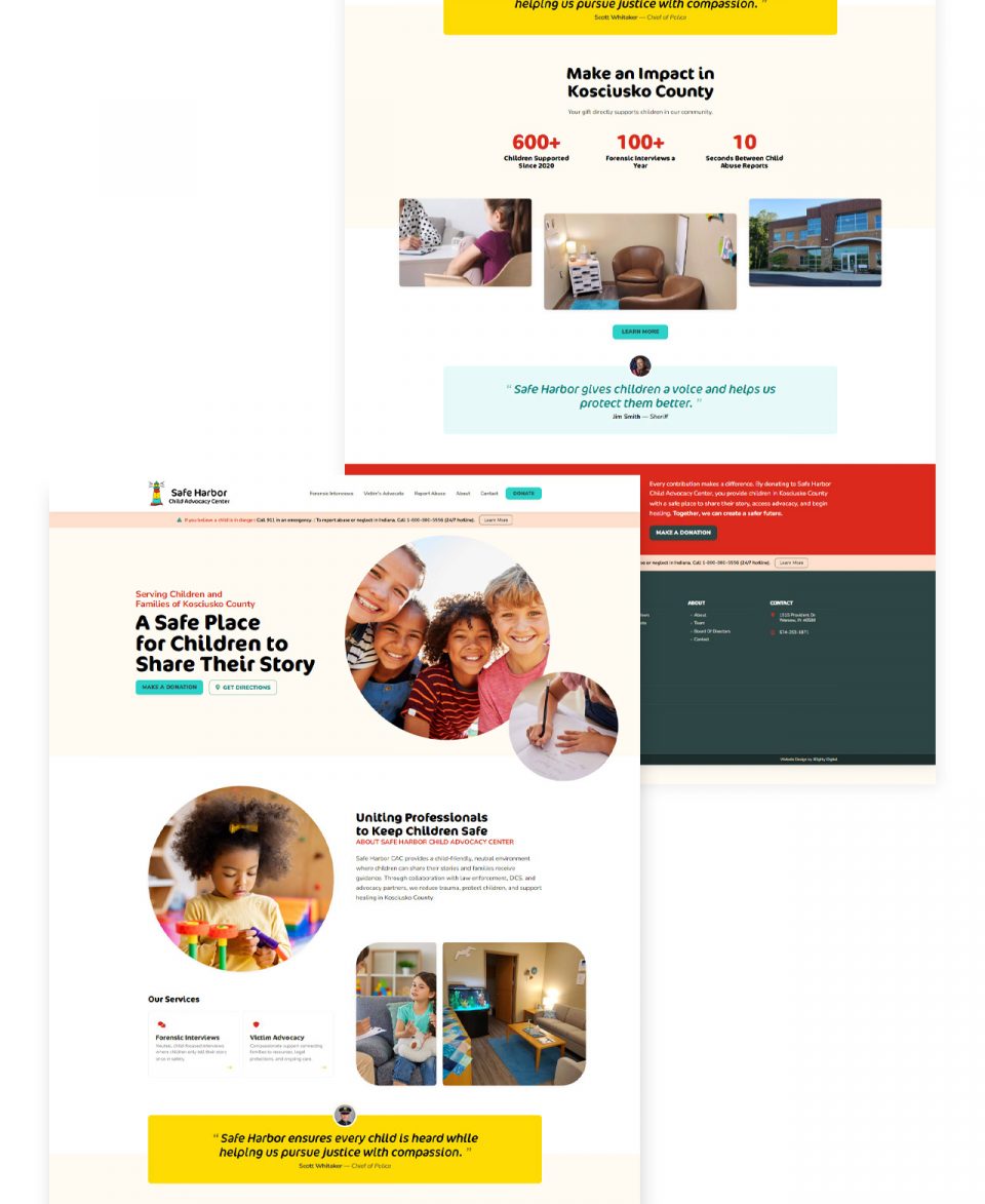 Two website pages show a childrens advocacy center with service details and photos.