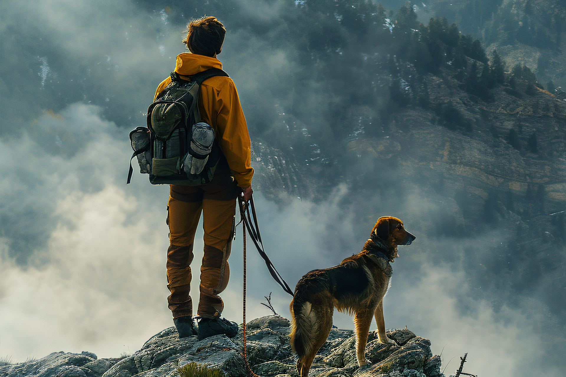 Person in a yellow jacket stands on a rocky cliff with a dog, overlooking mountains.