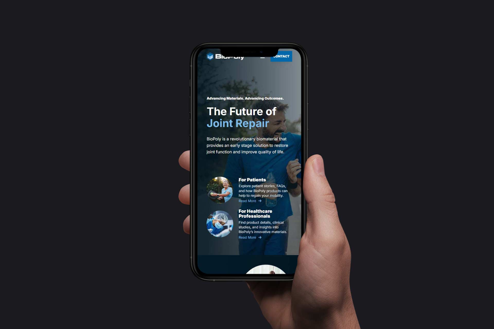 Hand holding a smartphone displaying the BioPoly joint repair website.