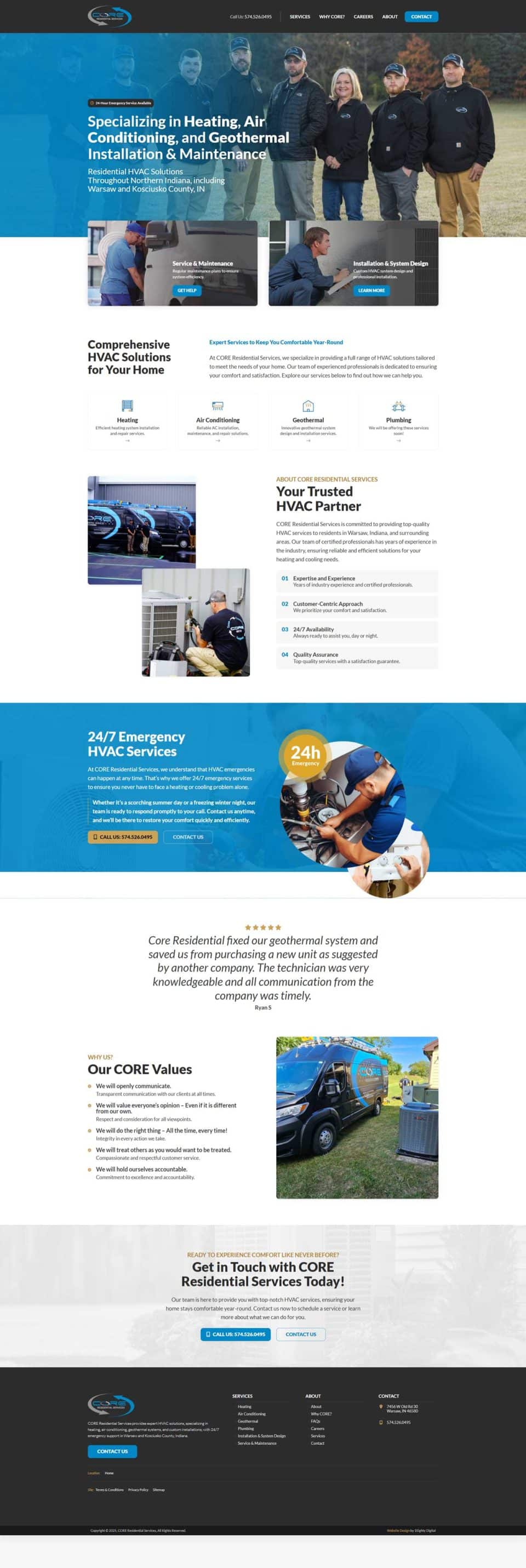 CORE Residential HVAC website showcasing services, team, and values.