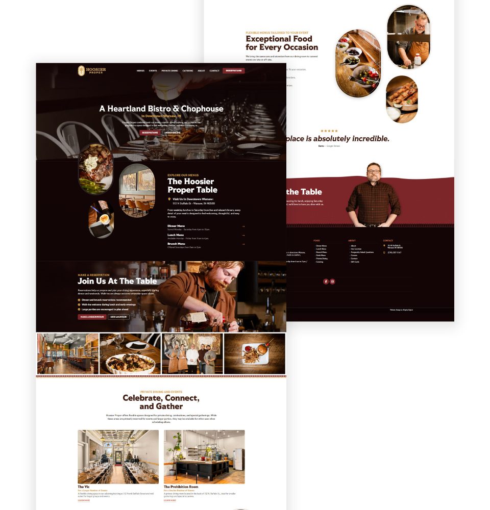 Two restaurant website pages with images of food, people, and dining areas.