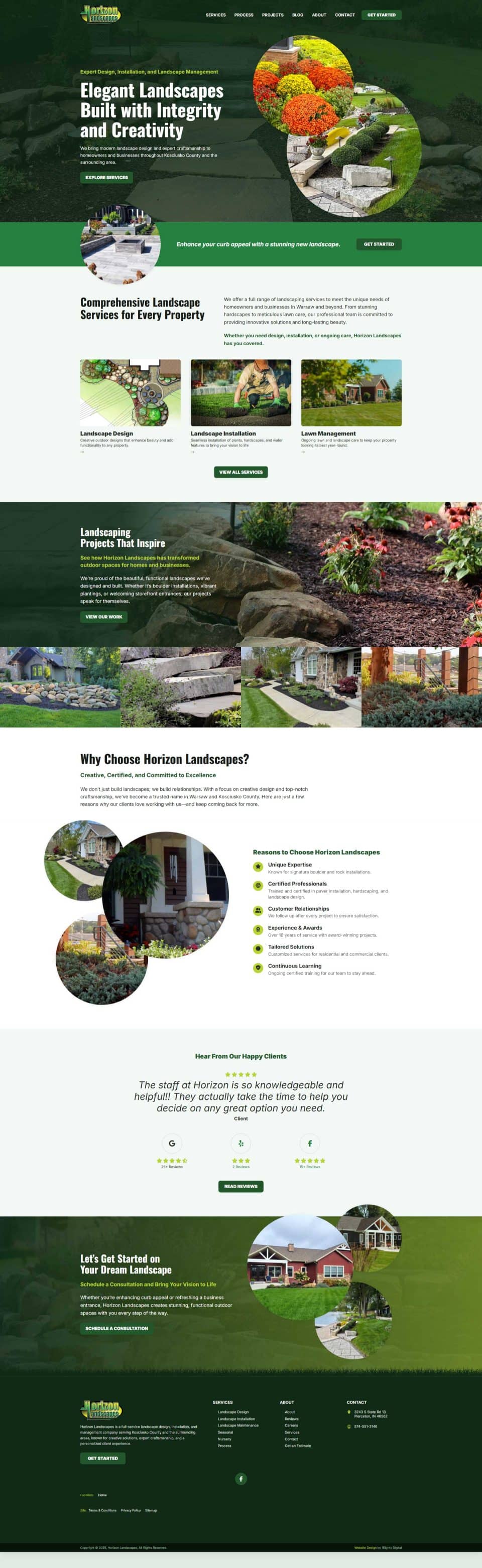 Horizon Landscapes site: green/white theme, various sections.