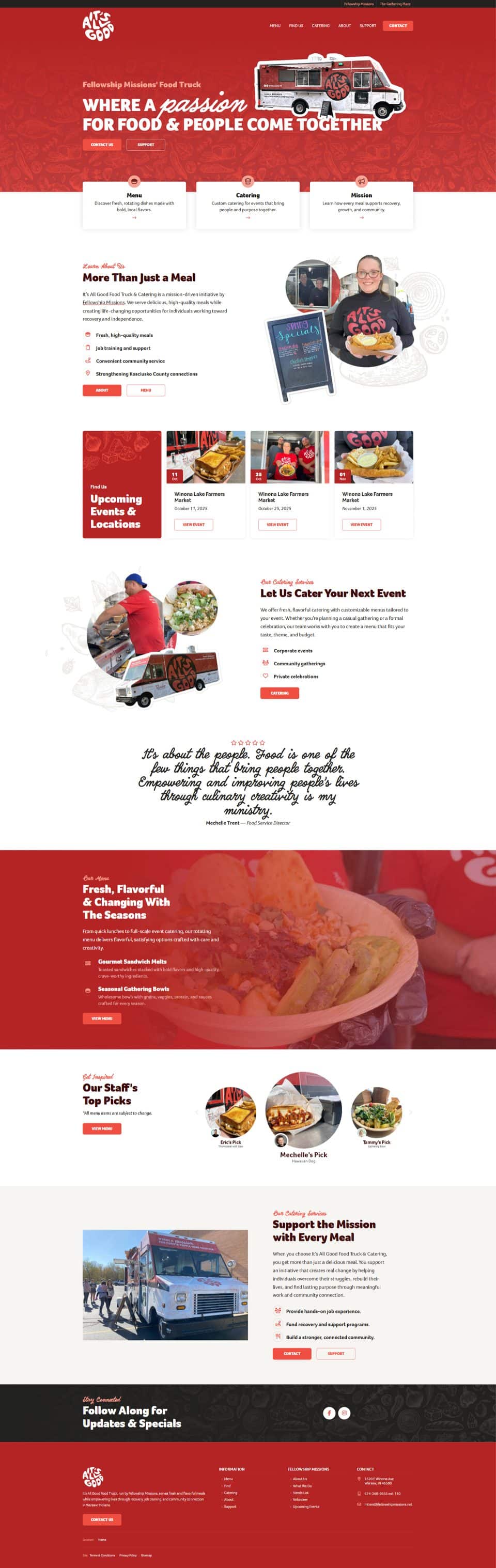 Food truck website with menu items, event catering info, and images of dishes.