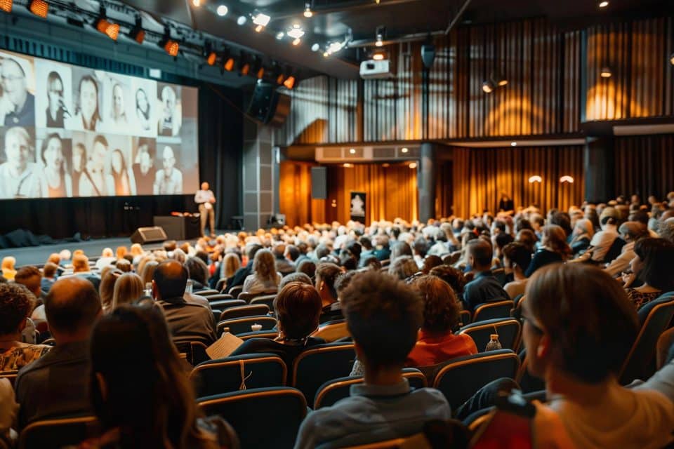A speaker presents to a seated audience in a modern auditorium with a large screen.
