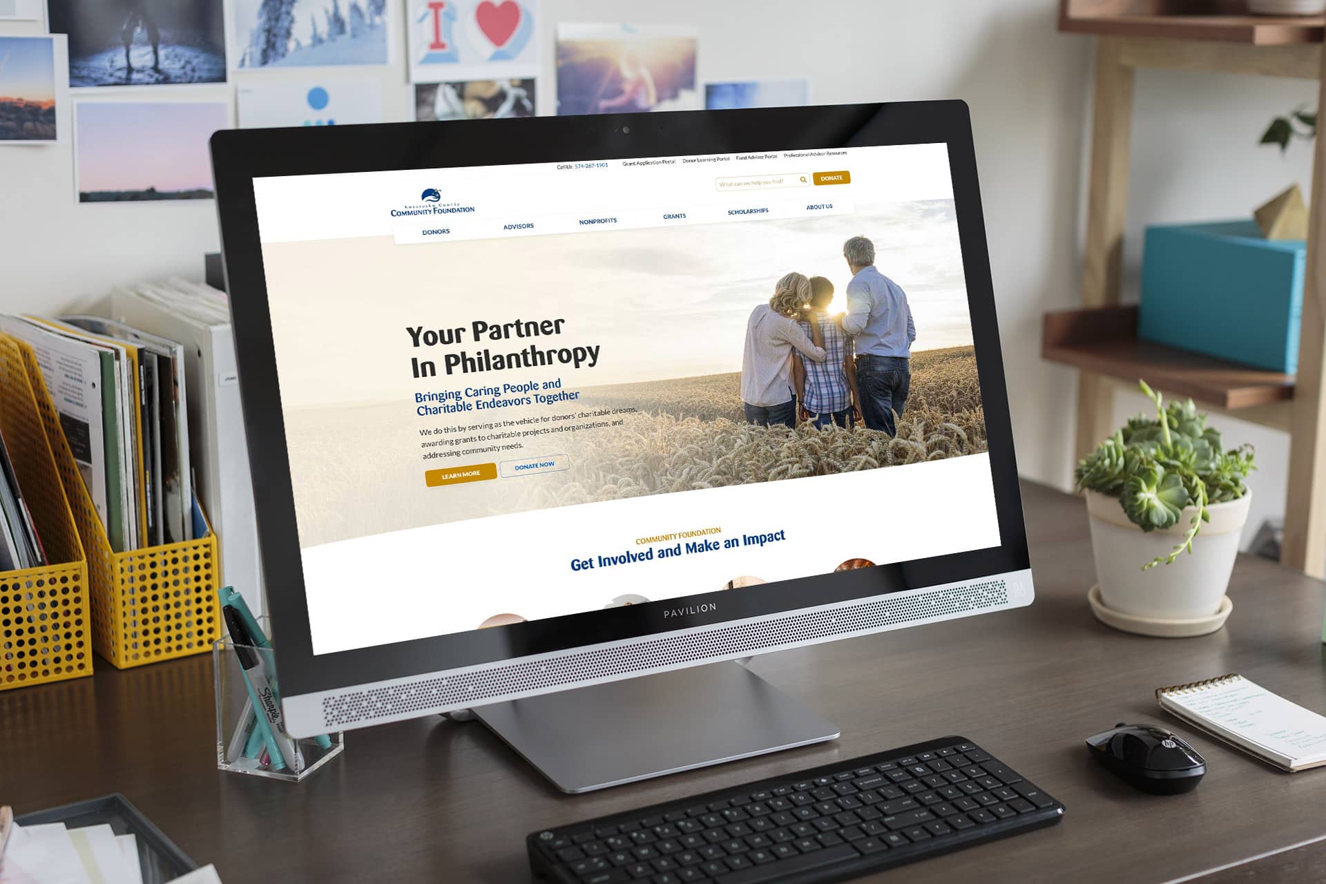 Kosciusko County Community Foundation website on an office computer screen.