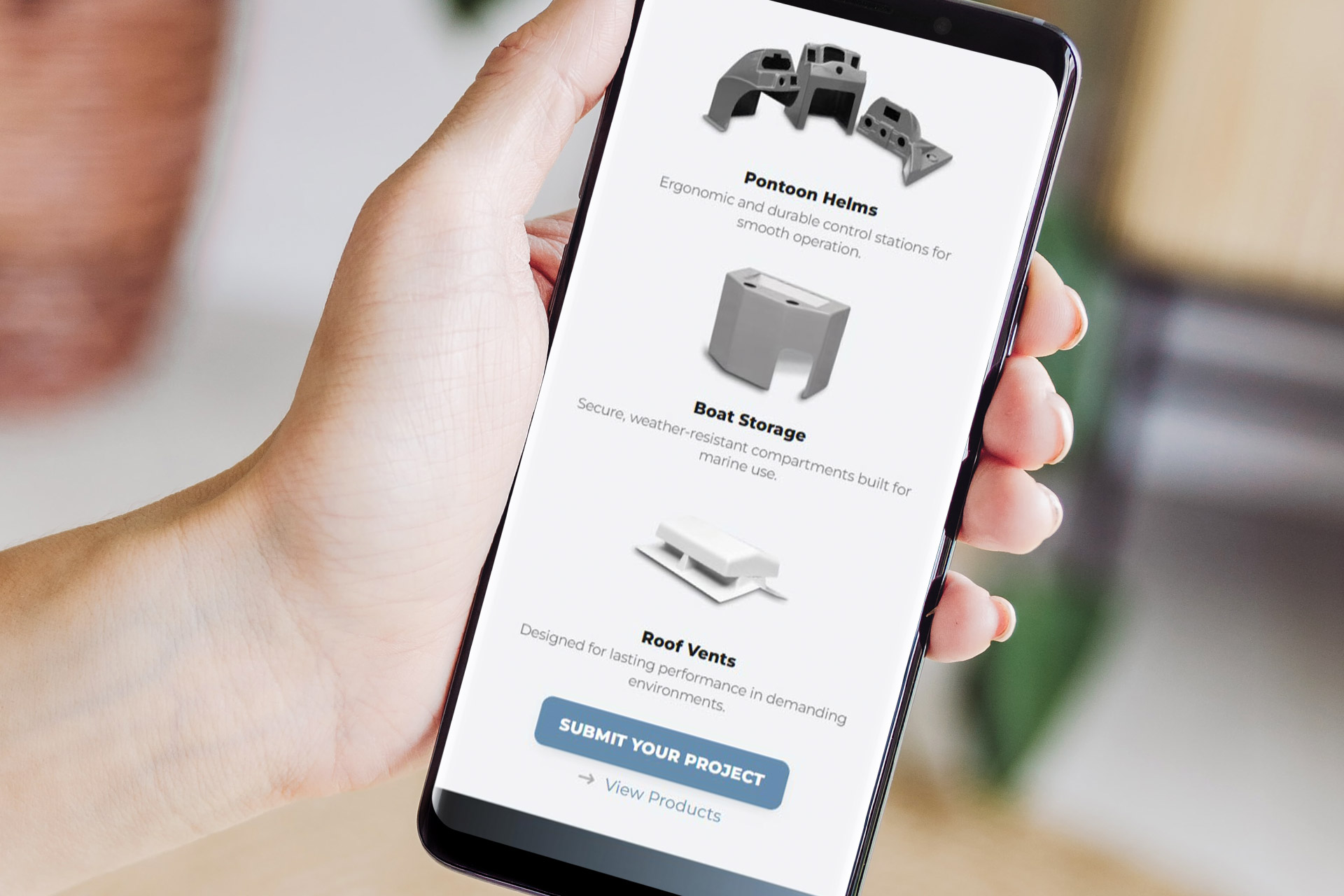 Hand holding a smartphone displaying marine equipment options and a submit button.