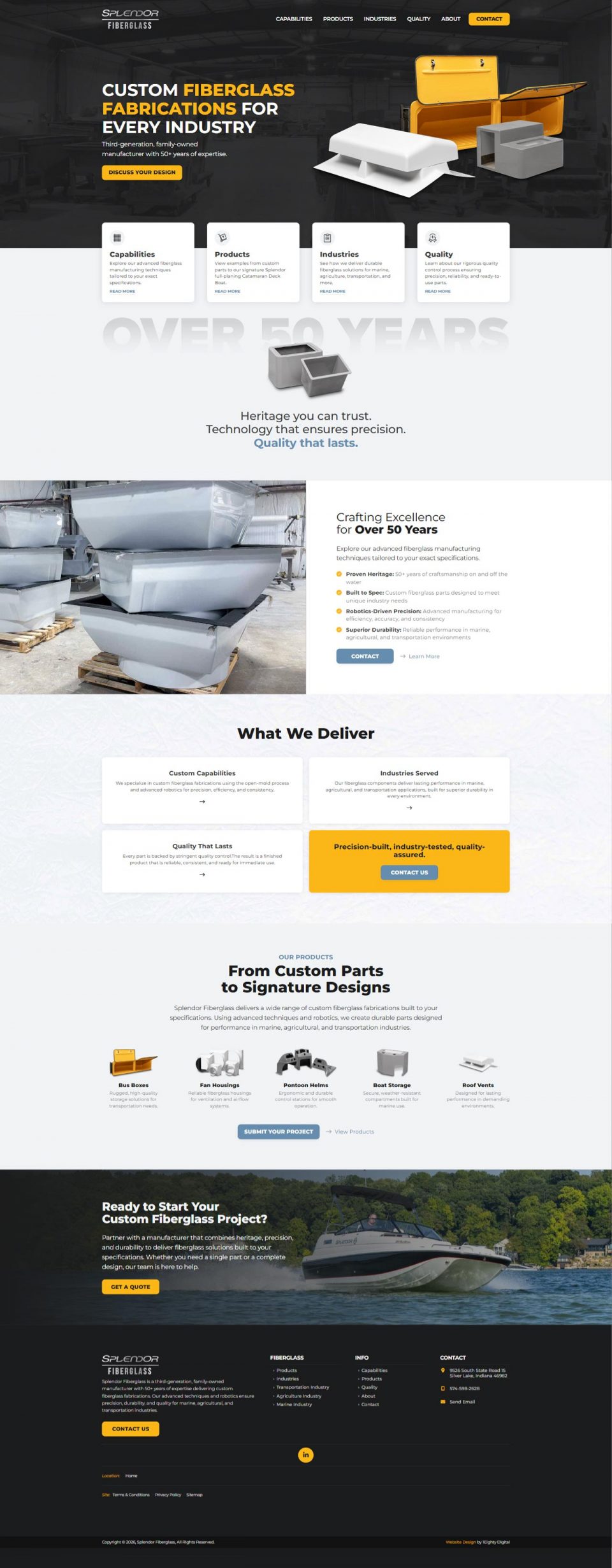 Website homepage for a custom fiberglass fabrication company with product images.