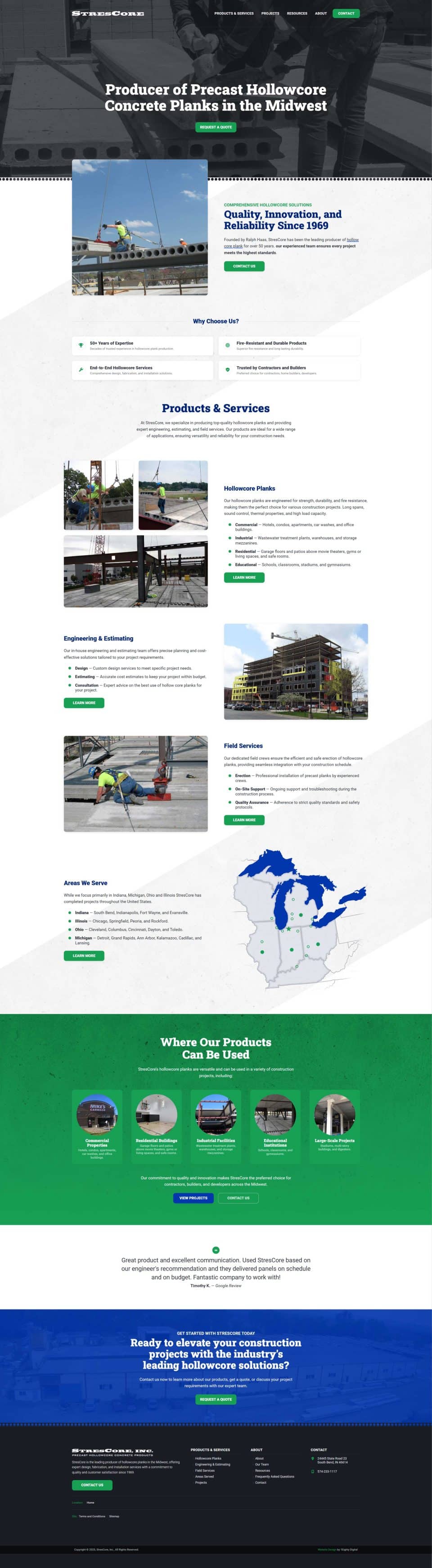 Webpage featuring StresCore precast concrete plank products and services.