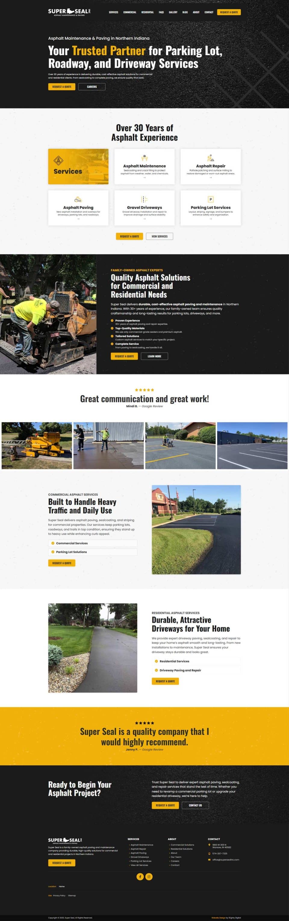 Explore Super Seals asphalt paving services and glowing testimonials.