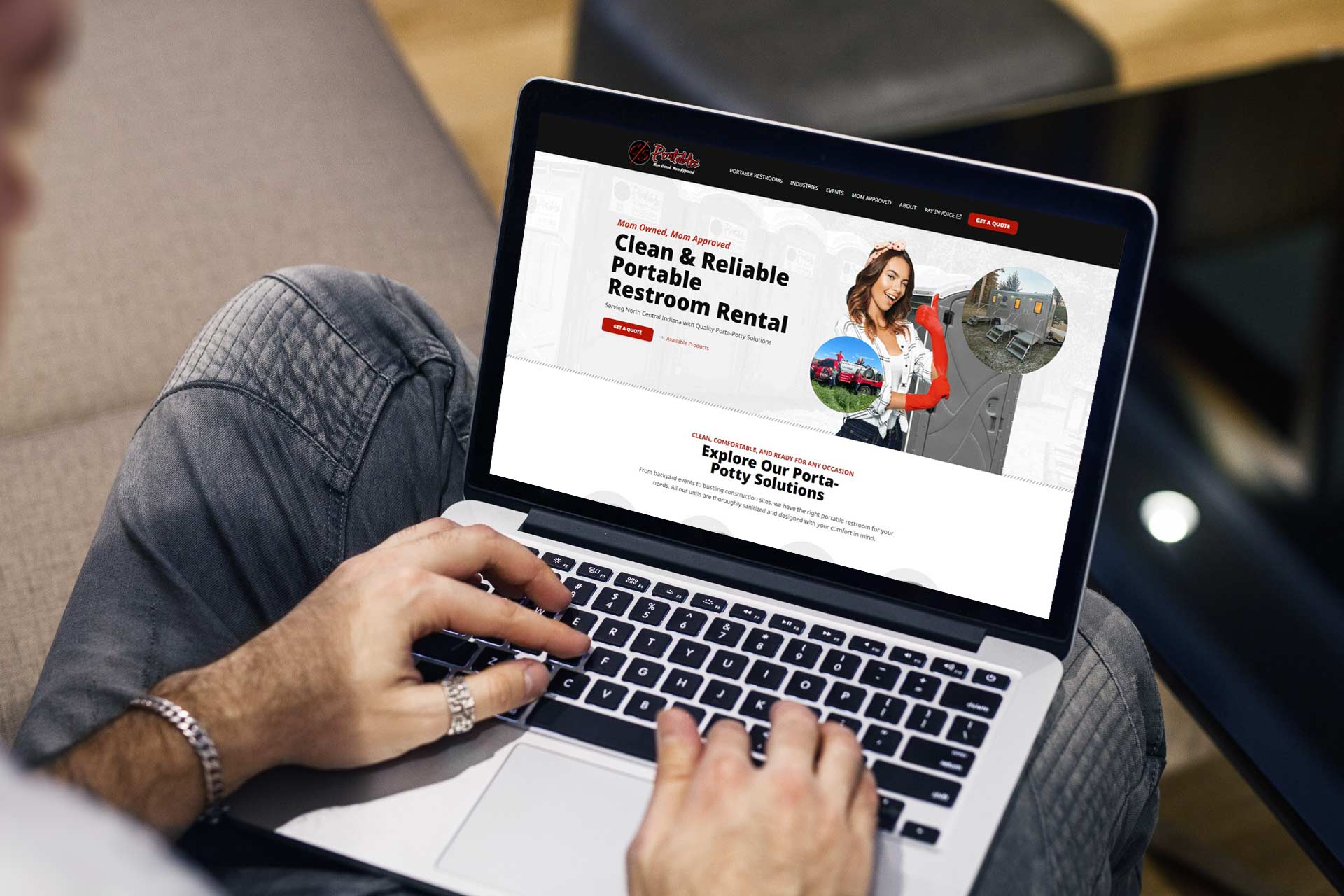 Person viewing the CS Portables restroom rental website on a laptop.