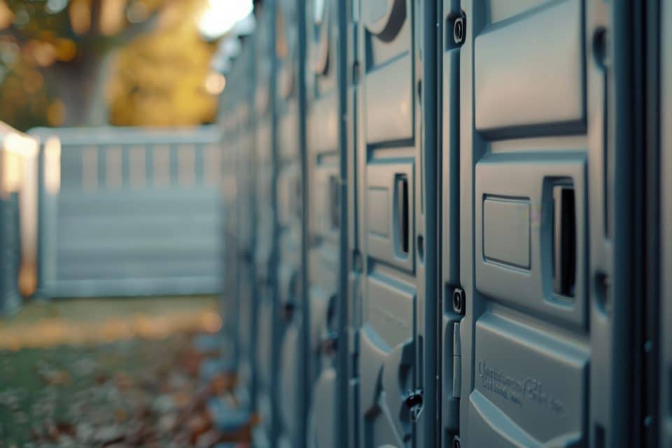 Row of CS Portables lined up outdoors in a park setting.