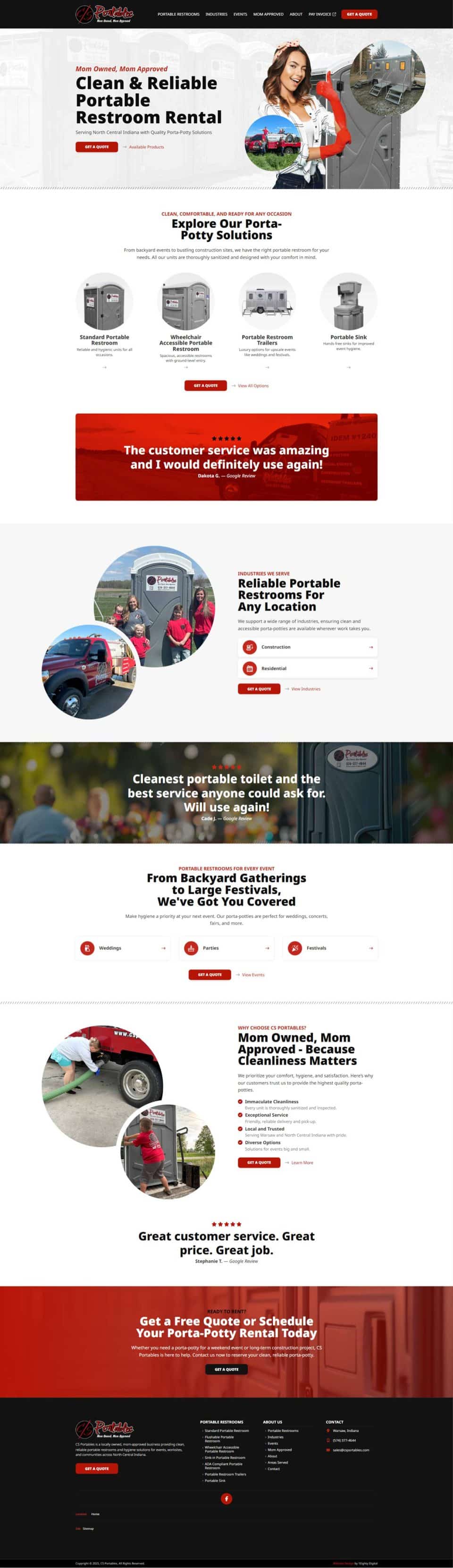 CS Portables: Rent restrooms with testimonials and service details.