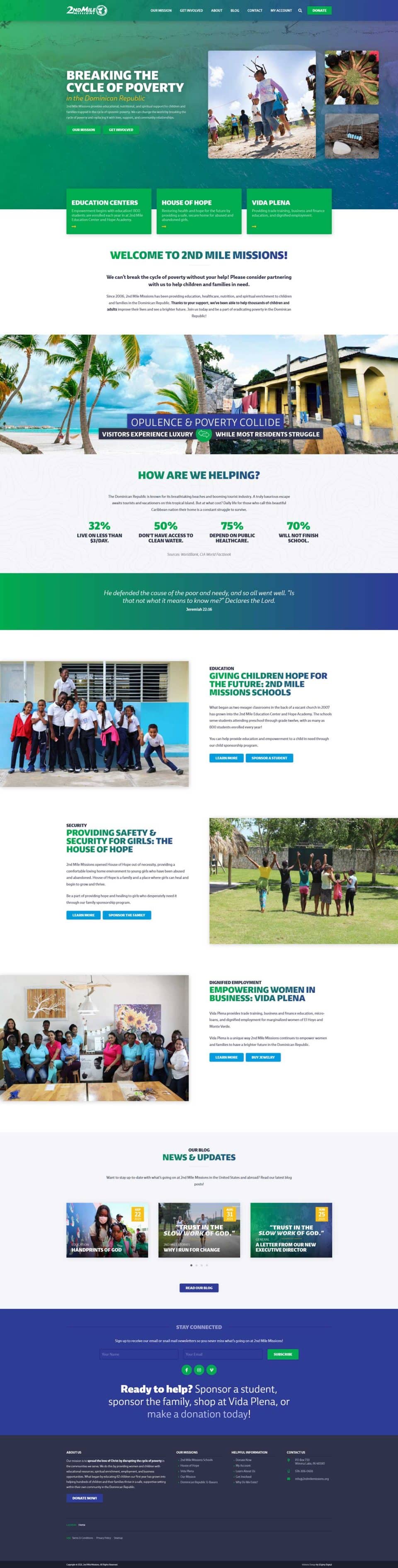 2nd Mile Missions charity site with photos, text, and donation buttons.