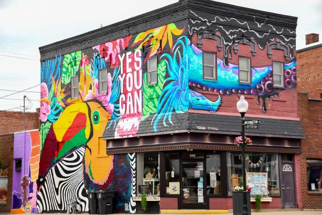 Building with colorful mural from the Community Foundation of Huntington County.