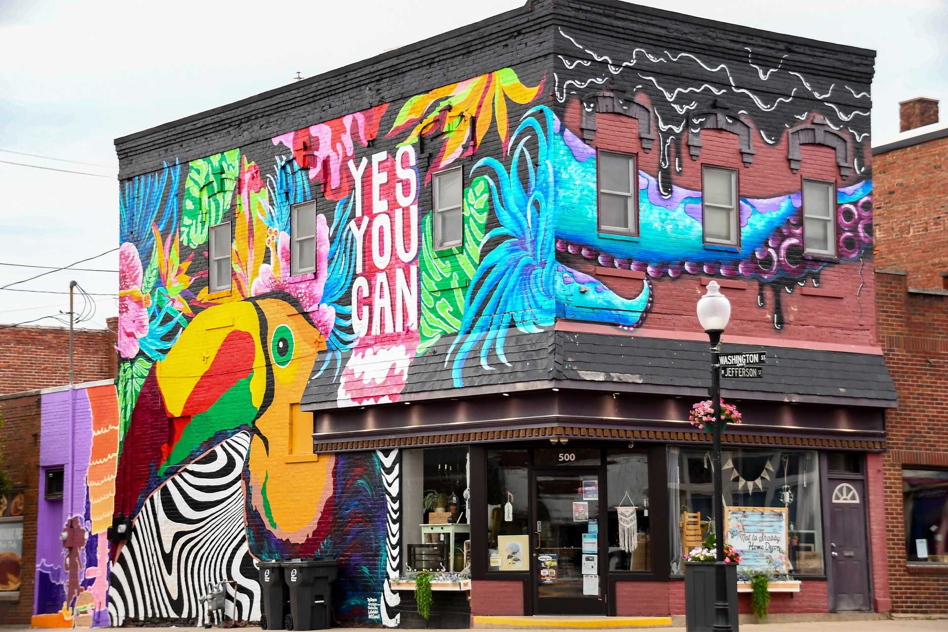 Building with colorful mural from the Community Foundation of Huntington County.